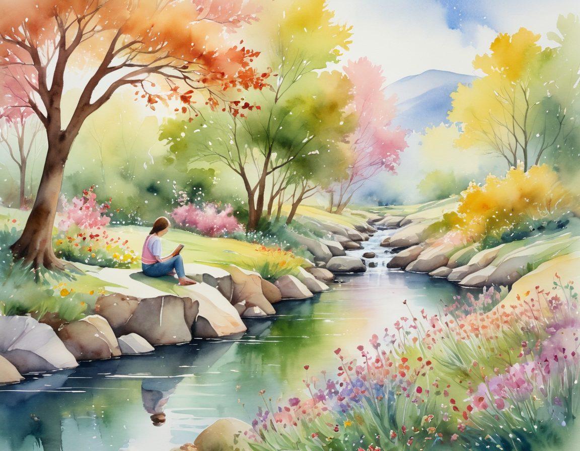A serene landscape depicting a diverse group of people engaged in supportive activities, such as sharing emotions, helping each other, and practicing mindfulness, surrounded by nature with blossoming flowers and a gentle stream. The image should evoke warmth, connection, and a sense of community while highlighting both emotional and practical support. soft colors. watercolor. harmonious composition.