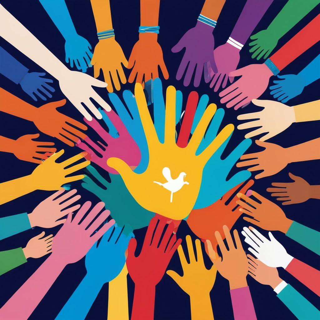 A vibrant illustration of a diverse group of people interconnected through a web of supportive hands reaching out to one another. Background features icons representing various resources such as therapy, community groups, and online forums. Expressive faces of hope and resilience, symbolizing the journey from treatment to thriving in life. Bright colors signifying positivity and growth. vector art. vibrant colors.